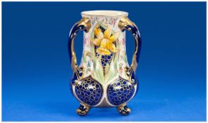 Foley `Faience` Three Handled Daffodil Vase. Circa 1880`s 6.5 inches high.