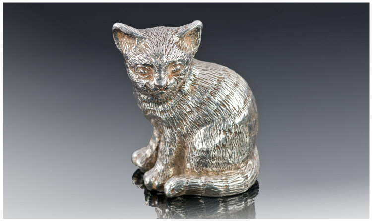 Silver Cat Figure, Realistically Modelled, Fully Hallmarked, Height 48mm.