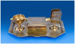 Indian Brass Smokers Tray With Integral Cigarette Box, Match Holder And Ashtray.