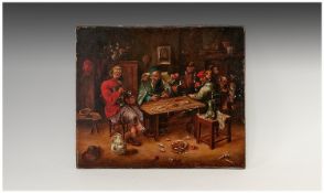 Manner of David Teniers The Younger, (Flemish 1610-1690) Peasants playing cards and drinking in a