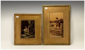 Victorian Crystoleums (2 in total) 1. Lady playing a lute 10.75``. Mounted & framed. 2. Mother and