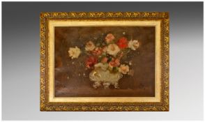 Framed Oil on Canvas `Still Life`. Gilt Frame. 19 by 27 inches. Signed lower right.