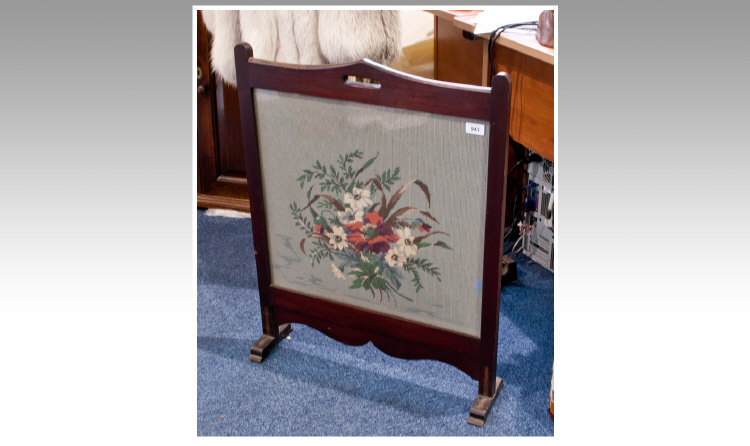 Early 20th Century Mahogany Framed Fire Screen, fitted with woven panel depicting a still life scene