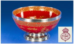 Royal Worcester Large Bowl With Chinoiserie Design On Terracotta Red Ground. Raised on a silver
