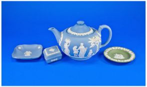 Wedgwood Jasperware Teapot, with white Classical scenes on a blue ground, glazed interior,