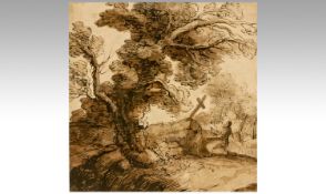 Paul Bril Attributed 1554-1624 A fine Flemish 16th/17th Century Sepia Ink Drawing `A Pilgrim