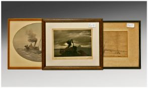 Three Framed Prints, all 33 x 25cms. 1. Line Drawing of the Ribble Estury by E. Beattie, 1877. 2.