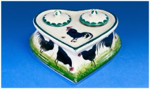 Wemyss, Heart Shaped Cockerel Twin Inkwell. 7.5 inches high.