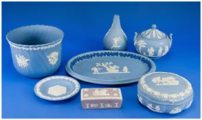 Small Collection of Blue Wedgwood Jasperware, comprising small planter, oval tray, sugar bowl,