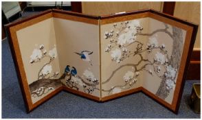 Oriental Folding Silk Screen, Four Folding Panels With Floral Decoration. Each Panel 24 x 12 Inches