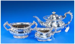 Three Piece Silver Plated Tea Service, comprising teapot, milk jug and sugar bowl, the teapot with