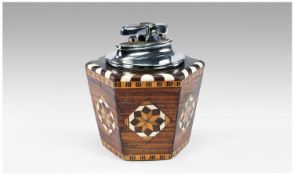 Ronson Inlaid Wood Cased Table Lighter, the chrome lighter sits in a hexagonal wooden case, tapering