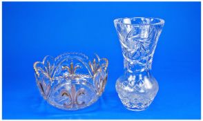 Small Cut Glass Vase, trumpet shaped neck, bulbous body, together with a glass fruit bowl, (2).