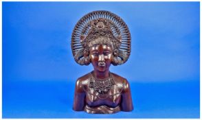 Balinese Fine Hand Crafter Hardwood Bust Of A Young Woman Wearing An Elaborate Headdress And