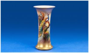 Royal Worcester Trumpet Vase. Hand painted images of a Peacock and Hen in a Woodland Setting. Signed