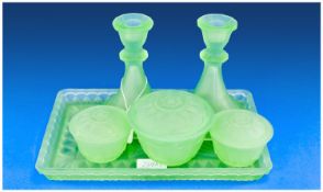 Art Deco Dressing Table Set, in pale green frosted glass, comprising pair of candlesticks, lidded