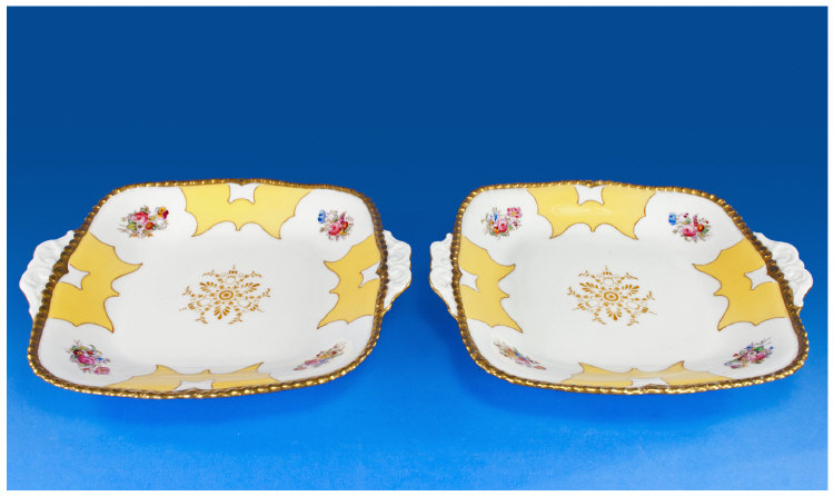 Coalport Fine Pair of 19th Century Decorative Two Handled Sandwich Plates with gold leaf borders.