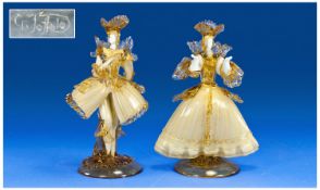 Murano Venetian Glass G Toffolo Signed Pair Of Cortesain Figures, circa 1960`s. Each stands 11``