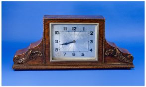 Art Deco Oak Cased Mantle Clock, with square silvered dial and black Arabic numerals, 6 inch dial,
