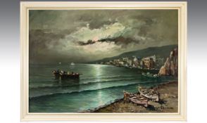 R Beltrame, Twentieth Century Artist Moonlight Italian Coastal Scene `Trecase` near Salerno, Oil