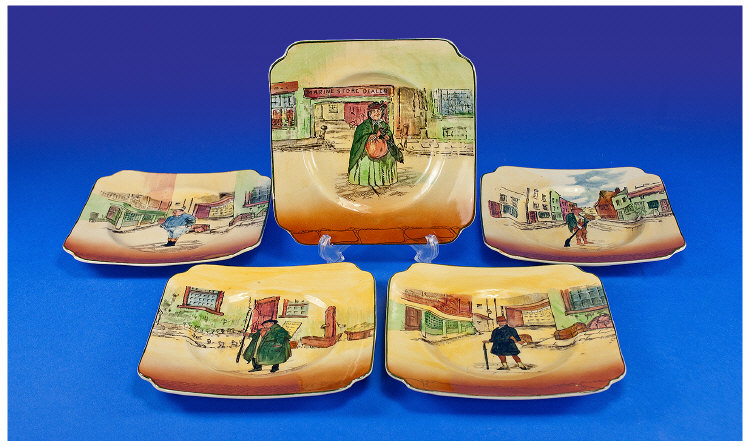 Collection of 5 small square dishes , 6 inches in diameter from the Dickensware Character range.