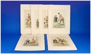 Set Of Six Golfing Prints By Edmund G Fuller, Mounted, Un-Framed.