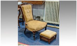 Victorian Walnut Ladies Chair, with carved crest rail, upholstered buttoned back and upholstered