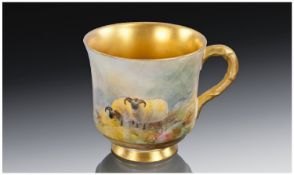 Royal Worcester Handpainted Miniature Cup, `Moon landscape, black headed rams`. Signed James