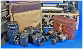 Small Collection of Camera Equipment, comprising Revue tripod, a Canon EOS 5000 camera with a canvas