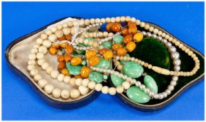 Collection Of Costume Jewellery Comprising Green Glass Jade Coloured Necklace And Earring Set,