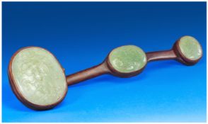 Chinese 19th Century Hardwood Jade Inset Ruyi Sceptre. It is a substantial 50cms in length and