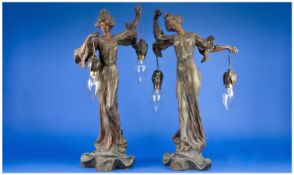 Pair Of French Art Nouveau Figural Lamps, Cold Painted Classical Maidens, Each Holding A Lamp In