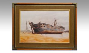 Keith Sutton 1924-1991 Oil on Canvas. Titled `Nelson`s Flagship`. Framed 20 by 20 inches. Signed and