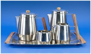 Stainless Steel Treasure Chest Five Piece Tea Service, by Radmore, comprising tea pot, coffee pot,