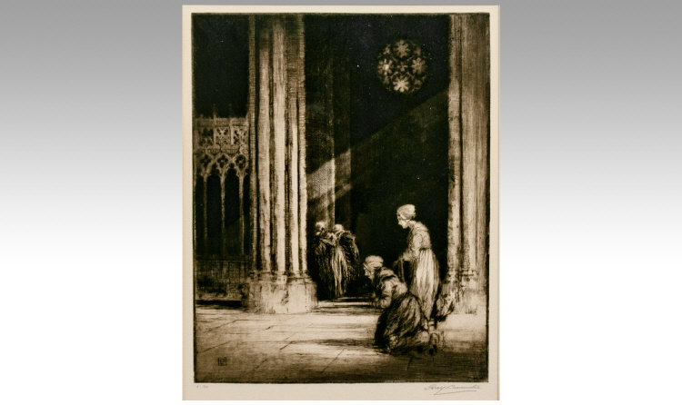 Percy Lancaster RBA,RE,RI (1878-1951). Figures in a Cathedral - etching 9 3/4 x 7 3/4 inches, signed