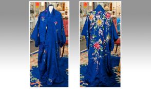 1920`s Hand Embroidered Silk Kimono, French blue with navy blue lining, the back yoke decorated with