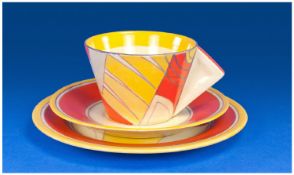 Clarice Cliff Art Deco Conical Trio `Abstract` Xanthic Pattern. Circa 1932. Restoration to plate.
