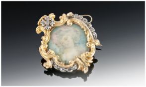 19thC Portrait Brooch, Of Shaped Scroll Form Set With Rose Cut Diamonds, Unmarked Tests High Carat