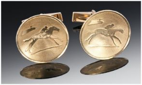 Pair Of Gents 14ct Gold Cufflink`s, Concave Disc Fronts Showing Images Of Race Horses, Stamped 14k.