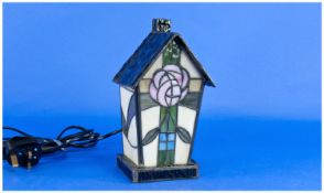 Mackintosh Tiffany Style Lamp, in the form of a little cottage, the sides in cream, pink, green