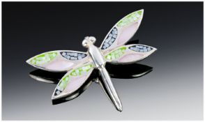 Silver Dragonfly Pendant, Inset With Coloured Stones, Unmarked Tests Silver.