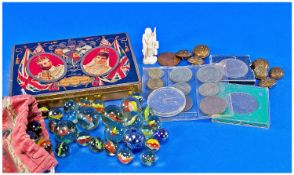 Assorted Collectables Including Various Coins, Marbles and Buttons.