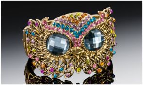 Butler and Wilson Style Owl Cuff Bangle set with multicoloured crystals on each of the feathers
