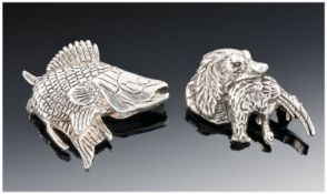 Two Silver Brooches, Modelled In The Form Of A Fish And Hunting Dog.