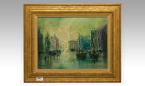John Bampfield 1947 `Venice` boats on the Grand Canal. Oil On Canvas, Signed & Framed. 11.5x15.5``