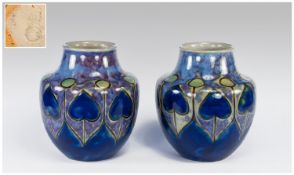 Royal Doulton Pair of Fine Art Nouveau Vases. Blue Colourway. Date 1906-11. Impressed Initials to