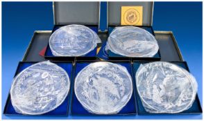 Collection of Five Sterling Silver on Crystal Cabinet Plates, entitled `Bringing in the Yule Log,