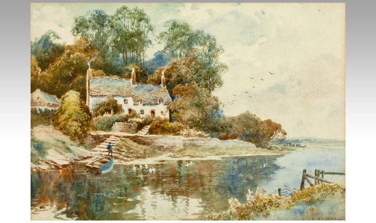 F.H. Tyndale (active 1900-1920), ``A lakeside cottage``, watercolour. 9.25 x 13.25 inches, signed.