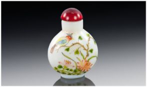 Oriental Style White Glass Scent Bottle - hand painted scenes.