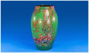 Crown Devon Art Deco Lustre Mattajade Vase, `Golden Dragon` pattern. Stands 11.5 inches high.
